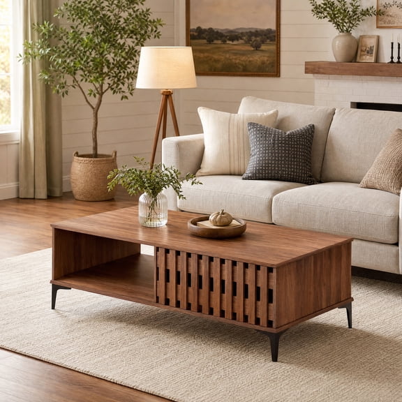 47" Mid Century Coffee Table with Storage Shelf, Wooden Center Table Accent Table for Living Rooms, Apartments, Walnut