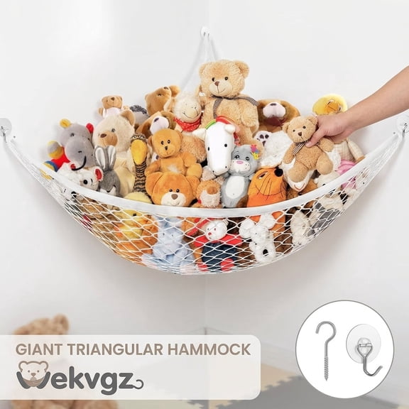 Stuffed Animal Hammock, 70" Jumbo Toy Hammock with Drill-Free Hooks, White Mesh Corner Squishmallow Net Storage Organizer