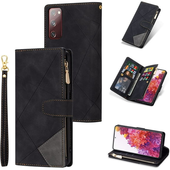 Wallet Case for Samsung Galaxy S20 FE 5G, Vintage Premium PU Leather Cover Flip Case with Card Slots Magnetic Closure Zipper Pocket Kickstand Handbag with Hand Strap - Diamond Black