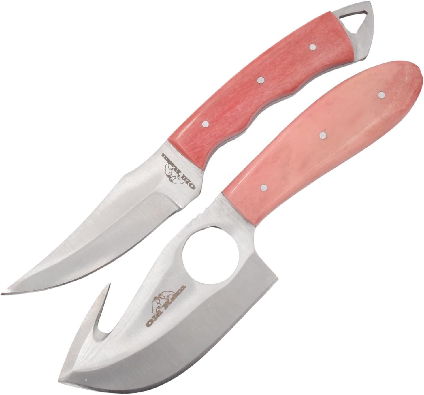 Old Ram Handmade 2-Piece Camping Hunting Skinner Knife Set, Pink Bone Handle, Stainless Steel Blades with Sheath