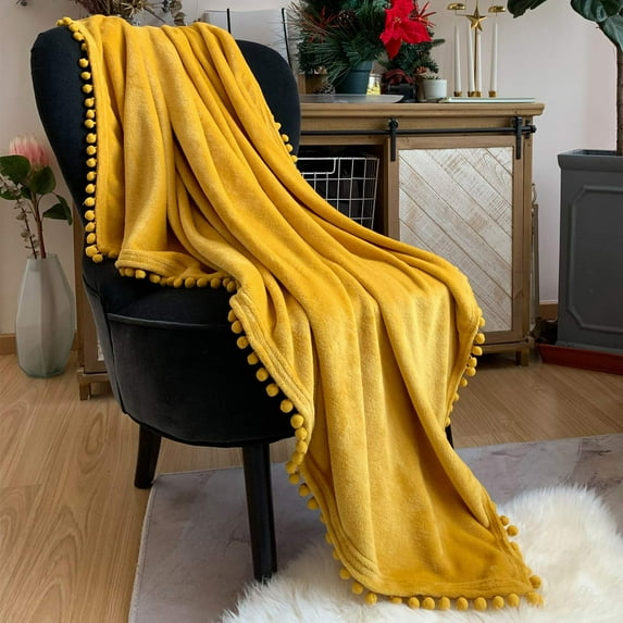 LOMAO Flannel Blanket Soft Throw Blanket with Pompom Fringe Lightweight Bed Blanket Fit Couch Sofa(70"x 80")(Mustard Yellow)