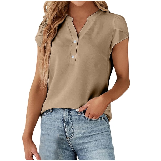 Fiudx Ofertas Flash Del Día Solo En Línea Tops Casuales para Mujer Blusas de Trabajo de Negocios Camisas con Botones Camiseta de Manga Corta con Cuello En V