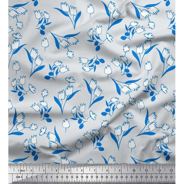 Soimoi Blue polyester Crepe Fabric Leaves & Tulip Floral Decor Fabric Printed Yard 42 Inch Wide