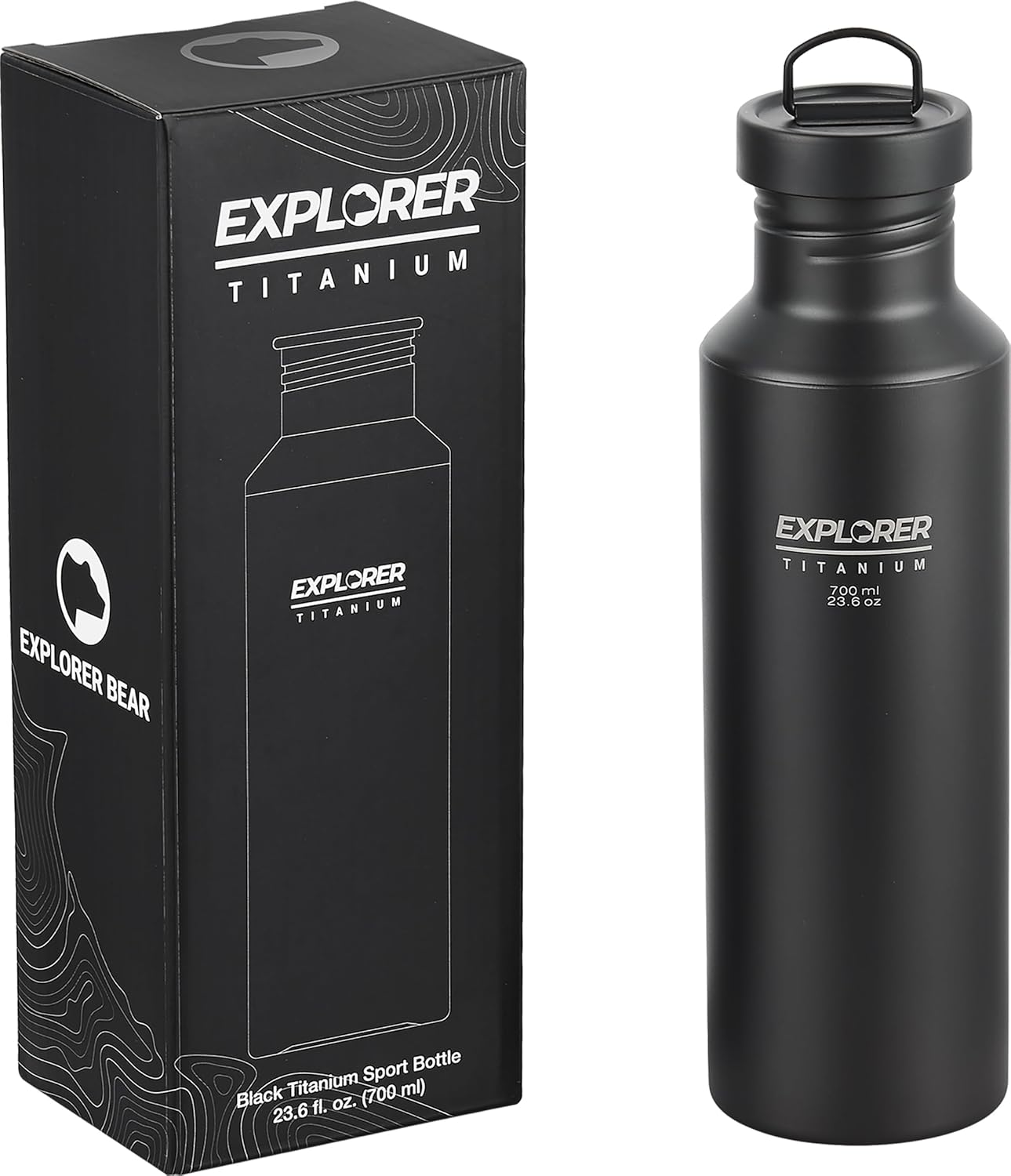 Explorer Bear Black Titanium Camping Sports Water Bottle, 23.6 oz, with Insulated Carrying Pouch