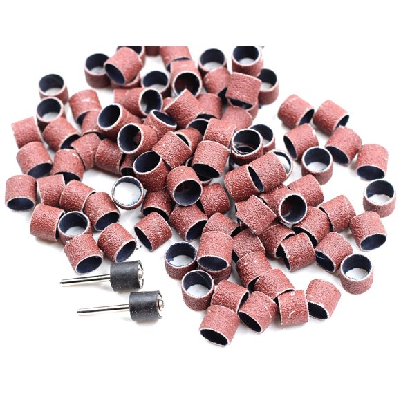 HUGFEGWE 100 Pics Dia 1/2" Sanding Drum Sleeves Set Sand Bands with 2 Mandrel for Pet Dog Nail Grinder Heads Rotary Tool Bits Jewelry Light Polishing Abrasive Tools, Grit 80 UA824-1799