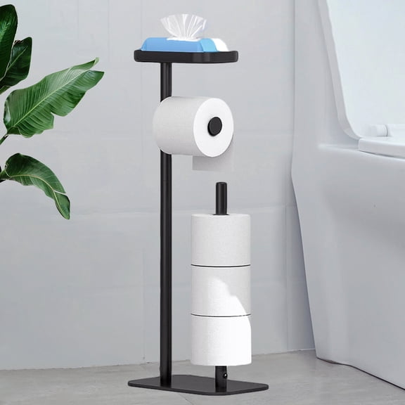 Free Standing Toilet Paper Holder with Storage Shelf, 4 Roll Reserve Toilet Paper Rack for Bathroom, Tissue Holder Organizer with Phone Shelf, No Wall Mount Installation Required