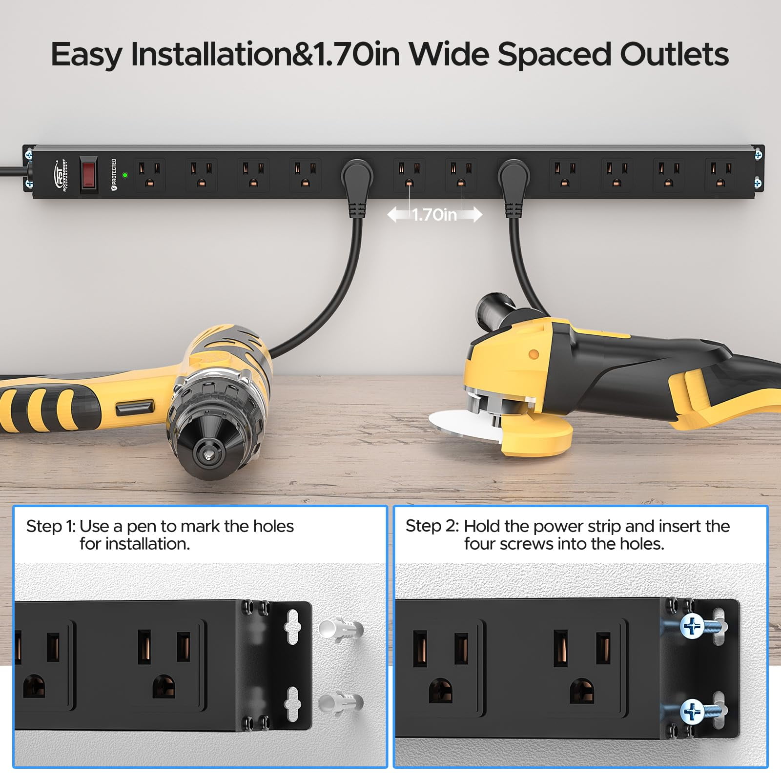 CRST Long Surge Protector Power Strip Mountable 12 Outlets with Flat Plug 15ft Long Extension Cord 2100J Metal Heavy Duty Industrial Power Bar for Workshops, Garages and Use Under Cabinet, Black