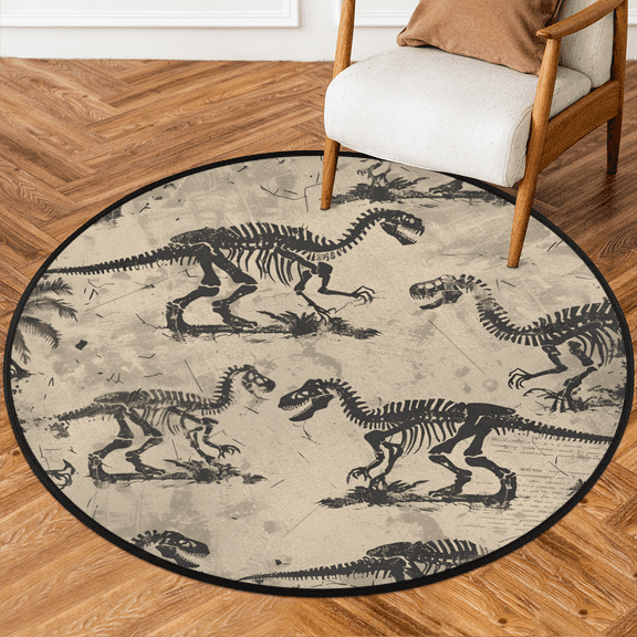CURLYOOT Round Rug 3ft Cool Dinosaur Skeleton Area Rug, Washable Circle Mat Non Slip Floor Carpet Mat, Soft Indoor Rugs for Entryway Living Room Dining Room Bedroom