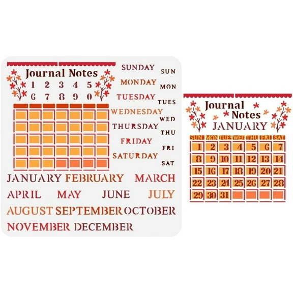 Calendar Stencil Template 11.8x11.8 inch Journal Notes Painting Plastic Number Month Week Letter & Flowers Patterns Reusable Craft Stencils for DIY
