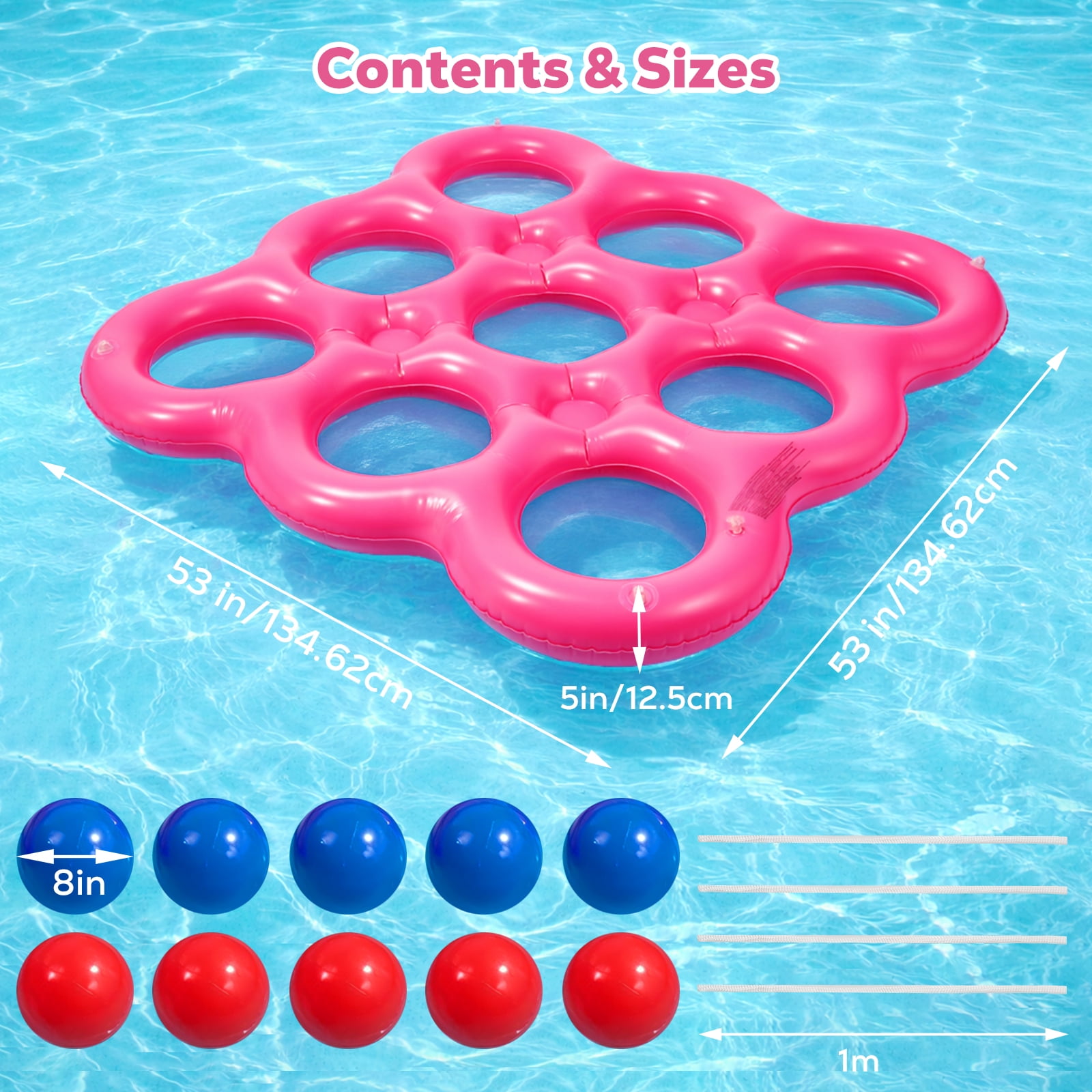MoKo Pool Toys Games Set Tic-Tac-Toe Inflatable Pool Toy with 10 Balls - for Adults Teens Kids 2-10 Players, Magenta