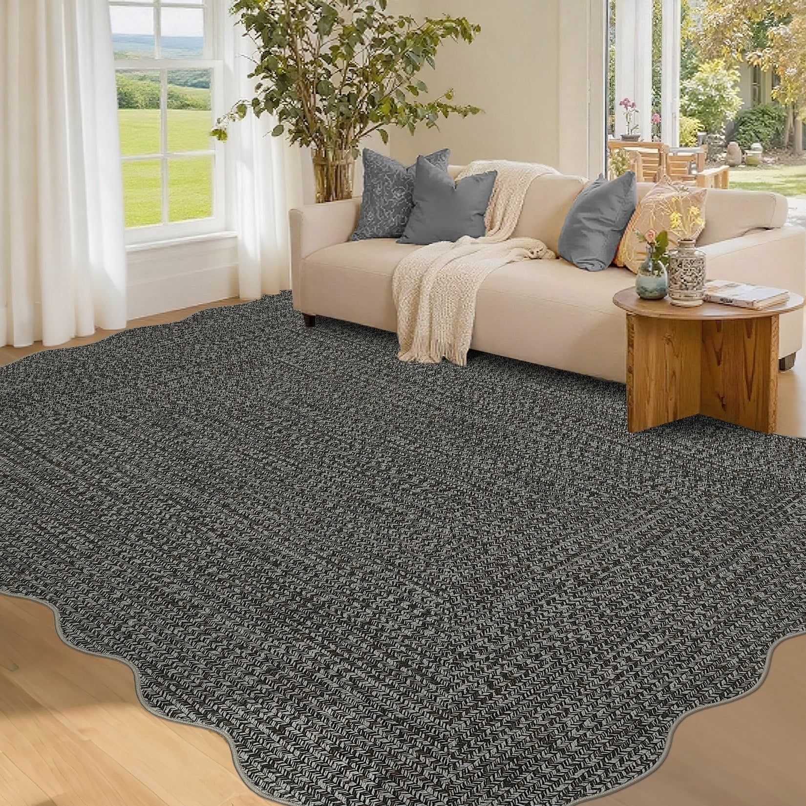 Garvee 8'x10' Scalloped Rug Farmhouse Braided Print Carpet, Washable Rug Soft Non Slip Low Pile Rug Indoor Neutral Carpet for Living Room Bedroom Dining Room, Gray Brown