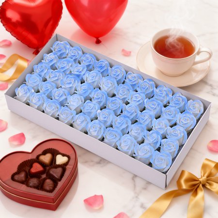 BiFandian Three Layer Rose Soap Flower, Spray Color Crushed Blue Soap Floral Head Decoration, Gift Box Bouquet Set for Bath, Home Decor, Present, 50 Pieces