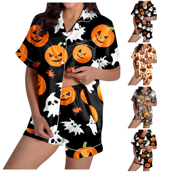 Halloween Silk Pajamas Women Pajama Set for Women Silk Satin Short Sleeve Button Up Top and Shorts with Halloween Print for Cozy Sleepwear and Elegant Black L
