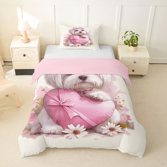 Homewish Cute Maltese Animal Twin Duvet Cover,Pink Bow Heart Twin Bedding,Daisy Floral Decor,Pink Reversible,2-Piece,1 Duvet Cover and 1 Pillowcase
