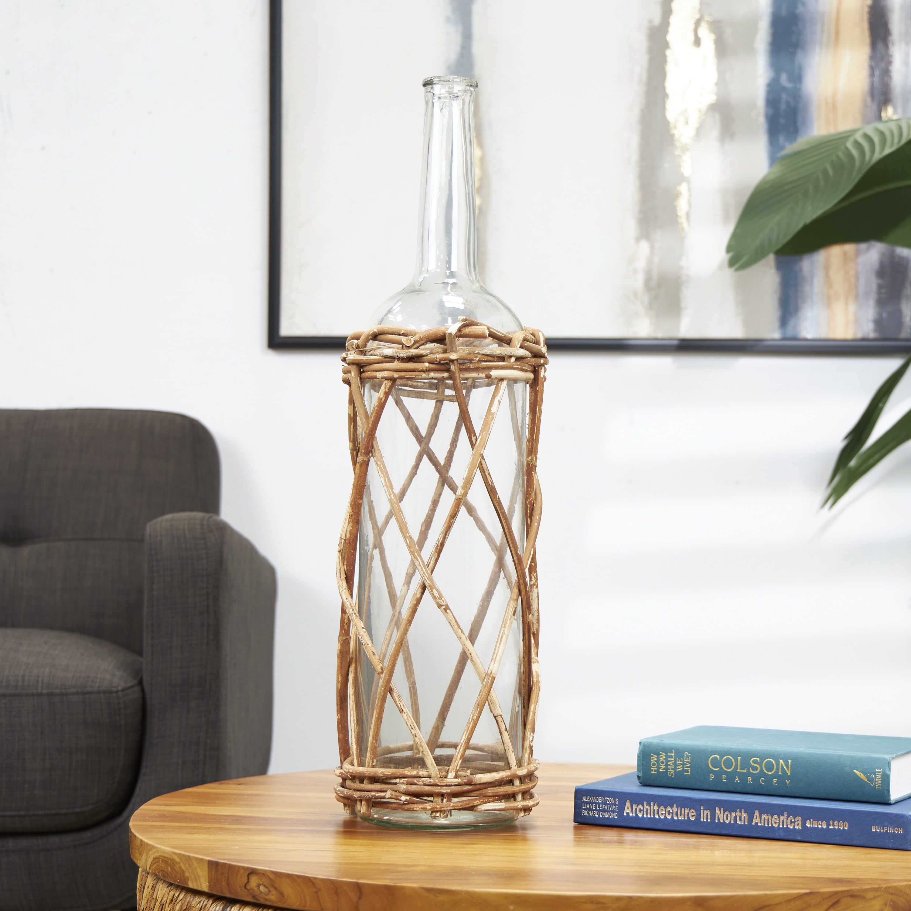 DecMode 27" Handmade Tall Glass Vase with Brown Rattan Woven Lower Body