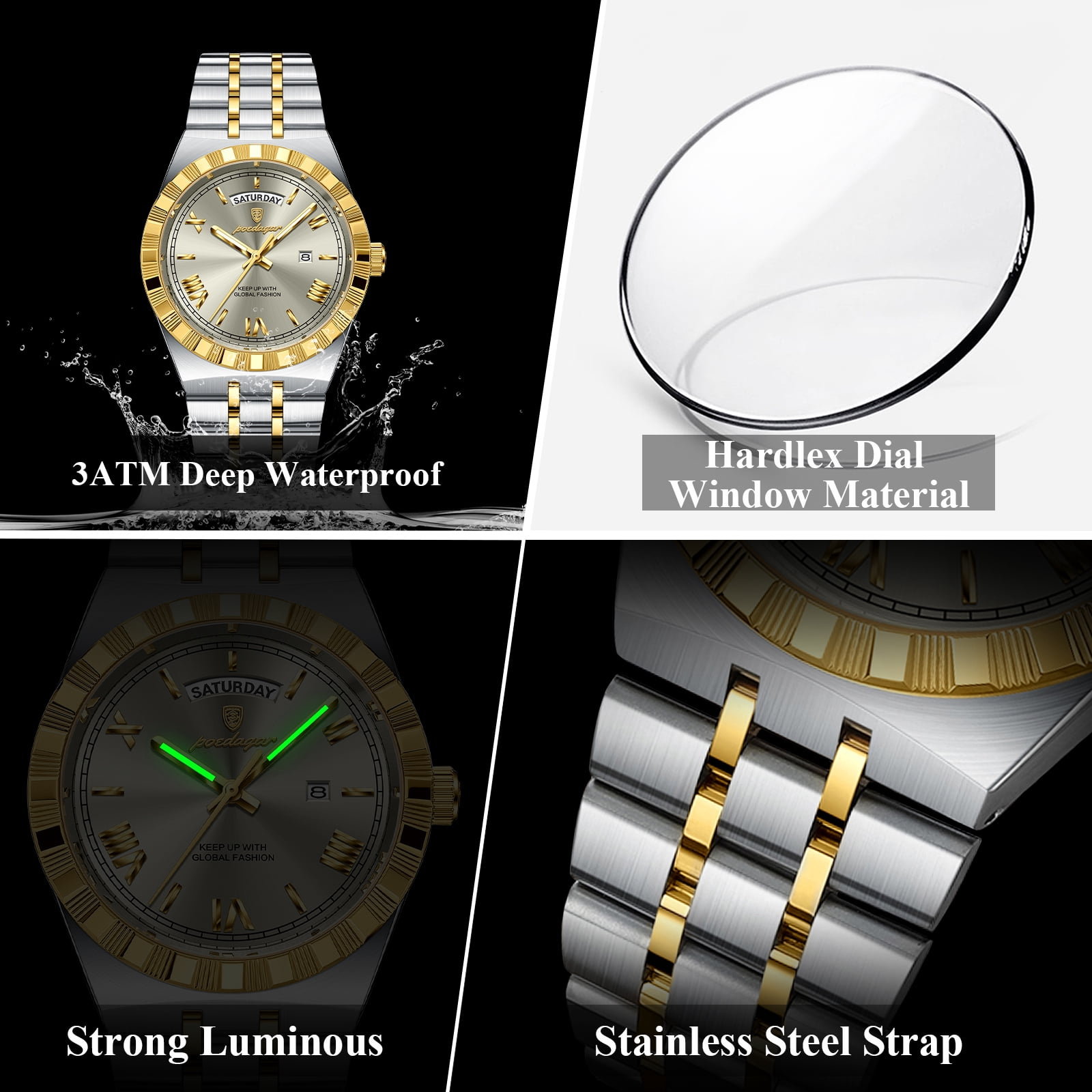 POEDAGAR Luxury Men's Waterproof Luminous Wrist Watch with Date Week Display Stainless Steel Strap
