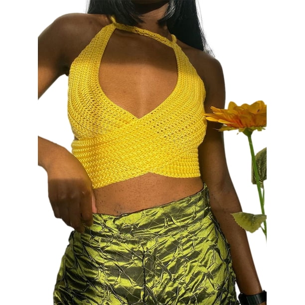 VISgogo Tops cortos para mujer, cuello halter, sin mangas, cruzado, cruzado, de color sólido, de punto, camiseta delgada para damas VISgogo moda