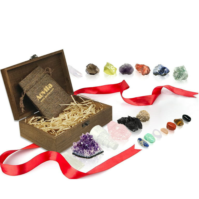 Crystals and Healing Stones Set in Wooden Box 20 PCs Healing Crystals Kit  Contains Unique Desert Rose, Amethyst Crystal, Rose Quartz Crystal,etc, 7  Raw Chakra Stones, 7 Tumbled Stones 