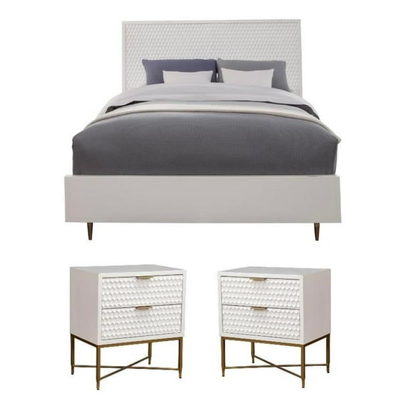 Home Square 3 Piece Bedroom Set with Bed and Two Nightstands in White