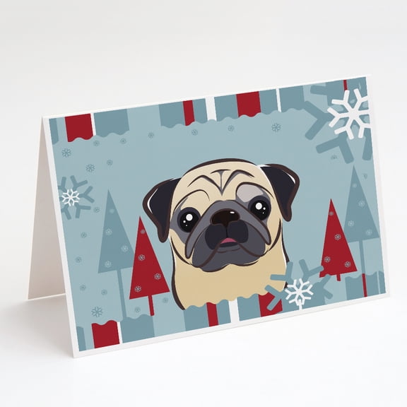 Winter Holiday Fawn Pug Greeting Cards and Envelopes Pack of 8