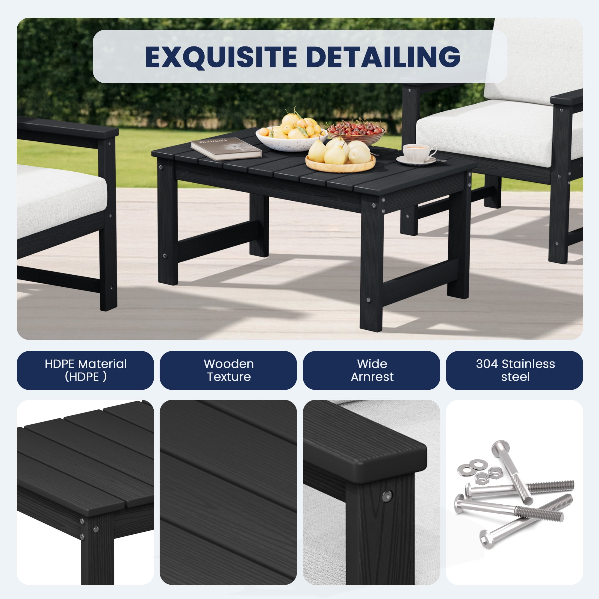 KINGYES 3 Pieces Outdoor Furniture Set, HDPE All Weather Use Conversation Couch Sets,2 Armchairs & 1 Coffee Table for Patio Backyard, Black Frame with Khaki Cushions