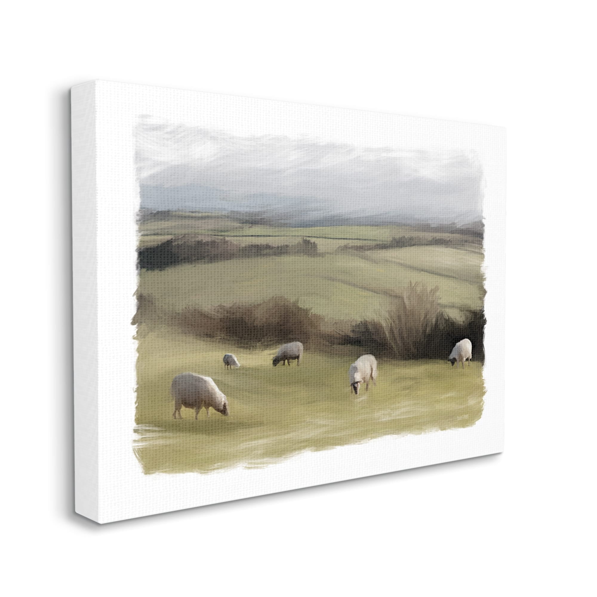 Stupell Grazing Sheep Herd Rural Fields Animals & Insects Painting Gallery Wrapped Canvas Print Wall Art