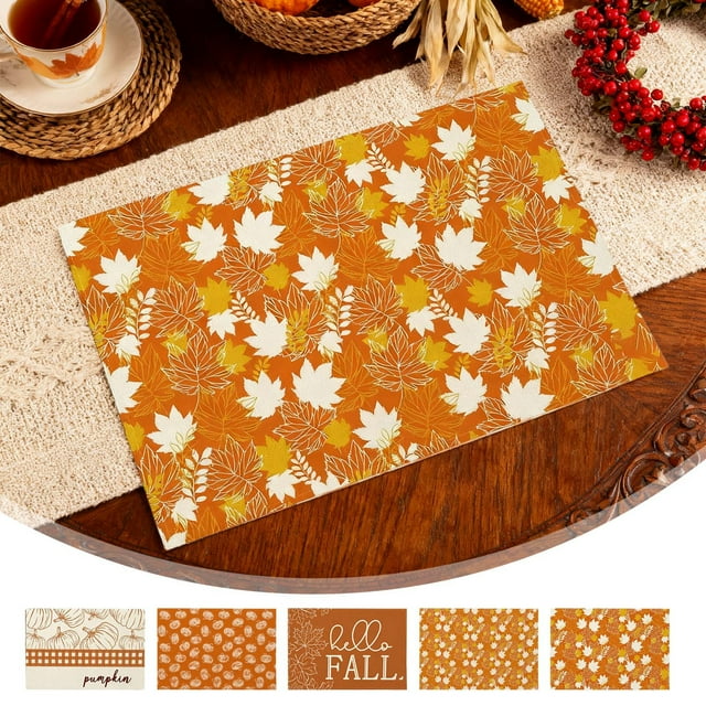 Bowayaoa Ensemble de Napperons en Lin et Lin pour l'Action de Grâce, Napperon Résistant à la Chaleur pour Table à Manger, Décor de Table des Fêtes Lavable et Réutilisable, Protège-Plateau Orange