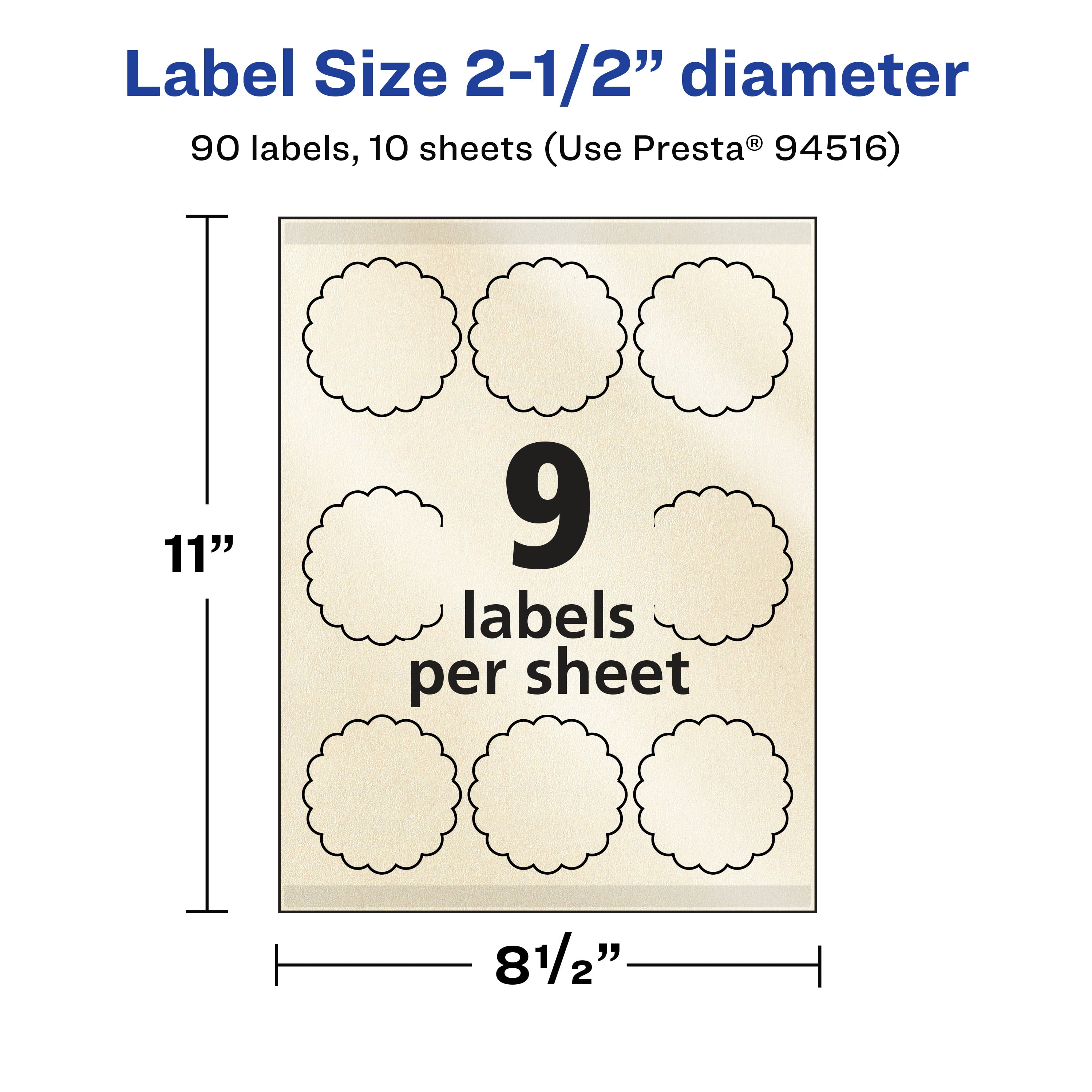 Avery Pearlized Ivory Round Scalloped Labels, 2.5" Diameter, 90ct