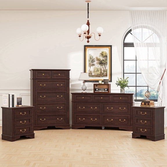 FIAKOA Bedroom Dresser Set & Nightstands set, Farmhouse Complete Bedroom Furniture Set with Spacious Storage, 4 Piece, Walnut Brown