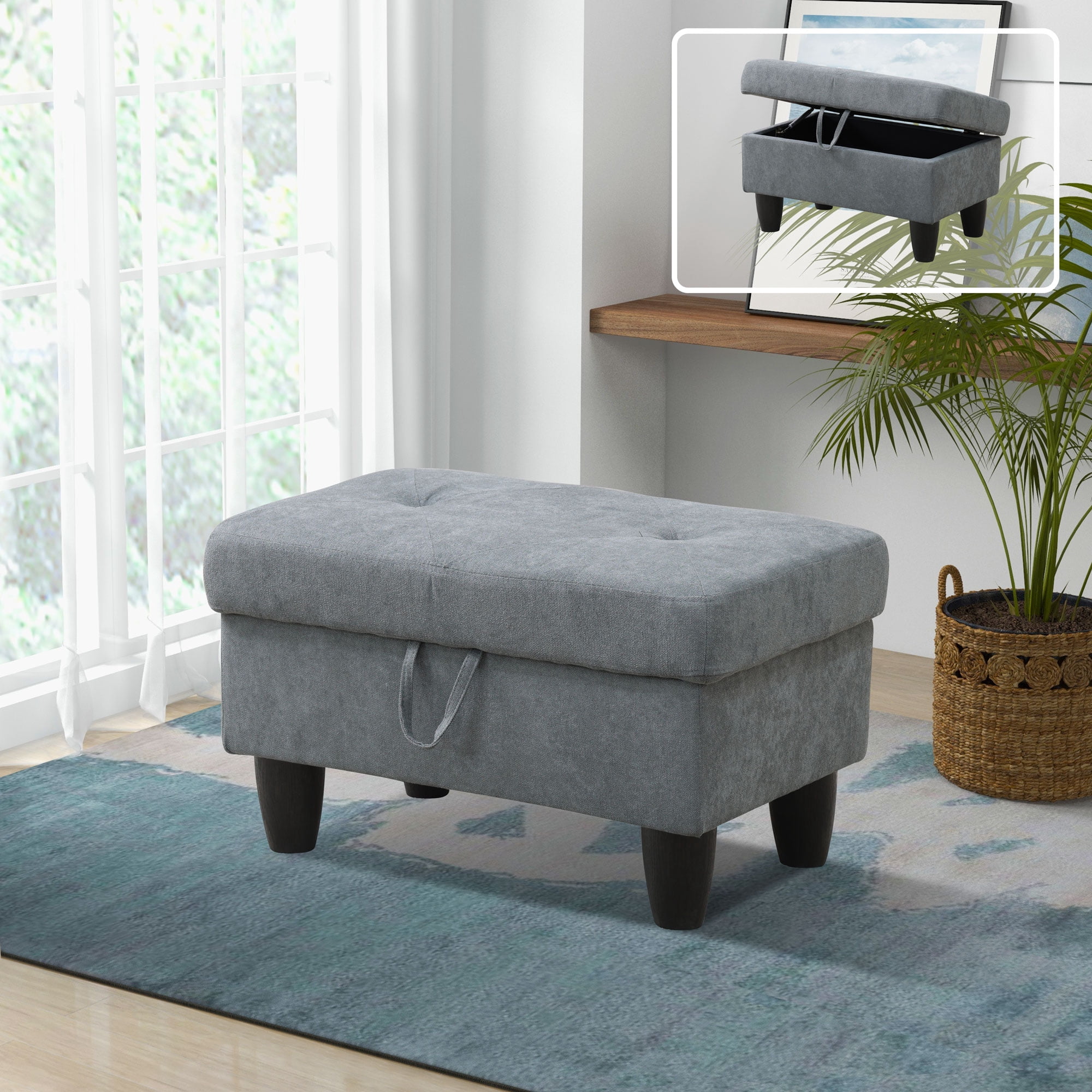 Gewnee 28.5" Storage Ottoman Bench Flannelette Upholstered for Living Room Bedroom Entryway Light Gray