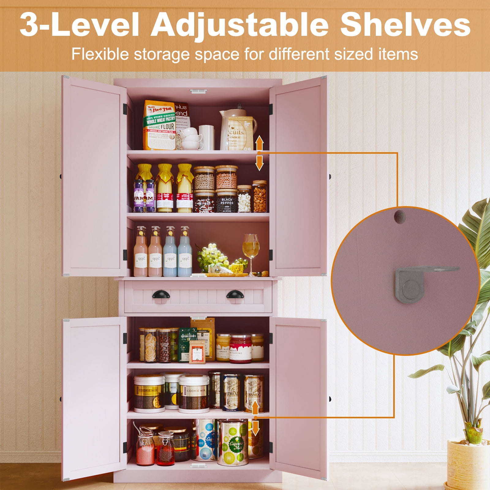 72" Tall Kitchen Pantry Cabinet with Drawer & Adjustable Shelves, Freestanding Storage Cabinet, Pink