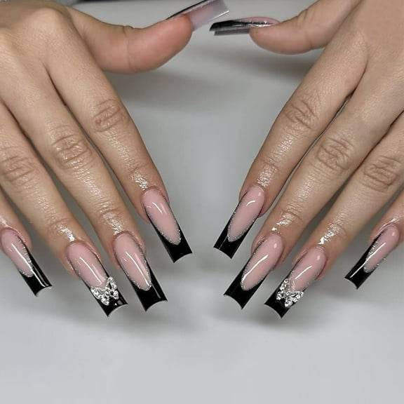 Medium Press on Nails Coffin Fake Nails 24Pcs Pink White Ombre Coffin False Nails with A Little Bit of Glitter Designs Acrylic Nails Press ons Artificial Nails Stick on Nails for Women Black French