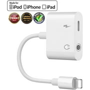 Headphone Adapter for iPhone Adapter Aux Audio to 3.5mm 2 in 1 Jack Cables Dongle for iPhone Earphone Splitter Adapter for iPhone 11/Xs/XR/X/8 Plus Music and Charging Compatible Support All iOS-White