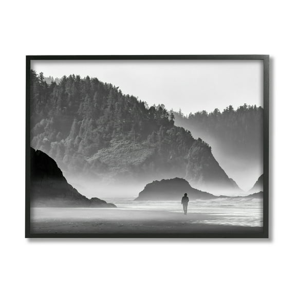 Stupell Person Strolling Rocky Cliff Shoreline Landscape Photography Black Framed Art Print Wall Art