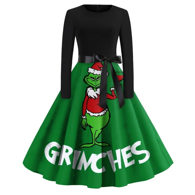 Corashan Chandail de Noël Laid Abordable Robe Évasée Imprimée de Noël pour Femmes Robe à Manches Longues Robe de Fête Décontractée Verte, 2TG