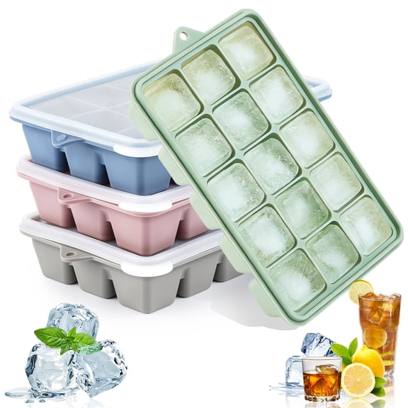 Lumikrypt 4 Pack Silicone Ice Cube Trays with Lid, Easy Release Ice Molds, BPA Free, Reusable and Stackable Ice Trays for Freezer for Cocktail, Whiskey