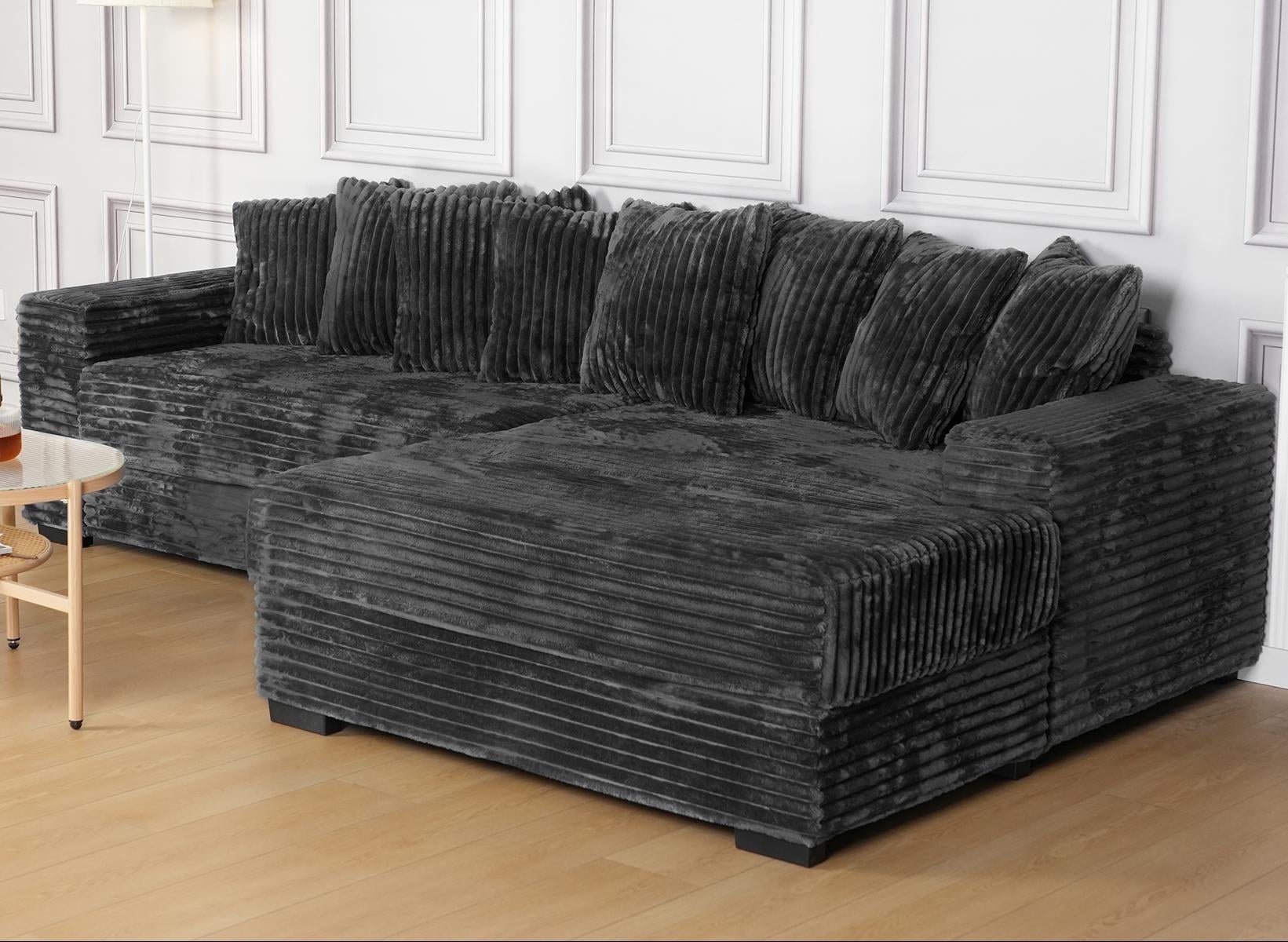Advwin 110" Oversized L Shaped Sofa with Chaise, Comfy Plush 2-Piece L-Shaped Sectional Couches with 8 Pillows, Soft Fluffy Upholstered Sofa Bed for Living Room Apartment Bedroom, Black