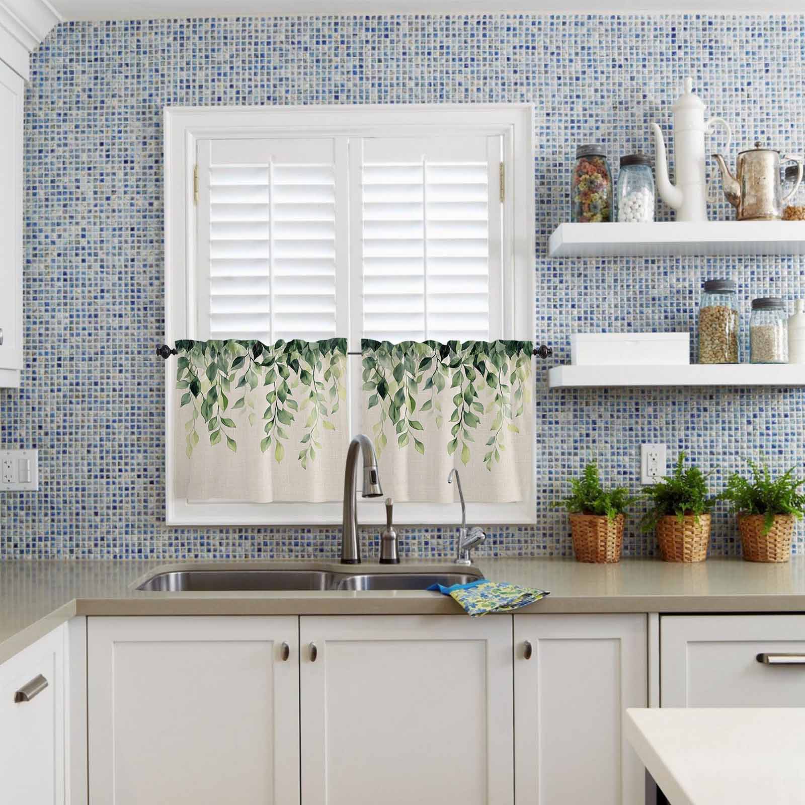 Rustic Leaf Kitchen Curtains Valances and Tiers Set of 3 Watercolor Sage Green Eucalyptus Leaves Linen Texture Tier Curtains and Valance for Kitchen Bathroom Small Windows 27.5"W x 36"L (Pack of 3)