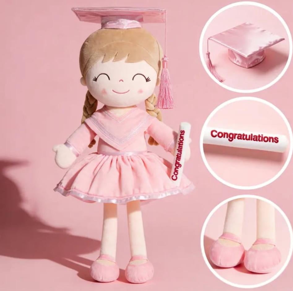 Cute graduation plush doll with cap & scroll, soft stuffed doll, ideal graduation gift for graduates, graduation party decor (Pink)