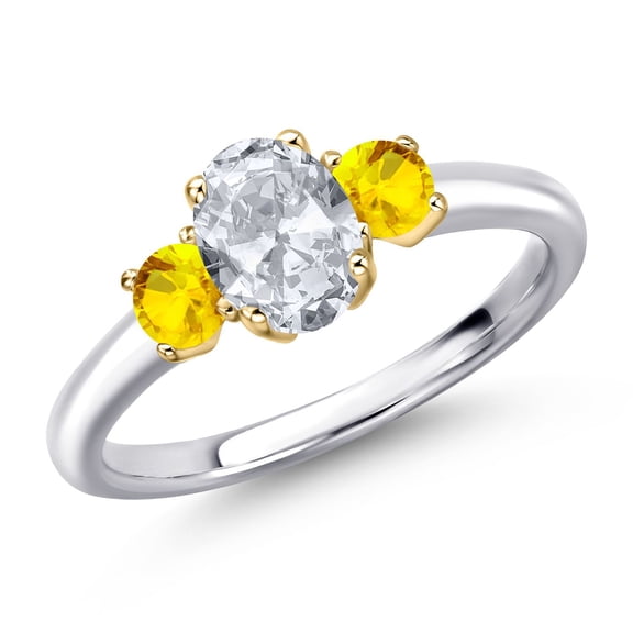 Gem Stone King 925 Silver and 10K Yellow Gold White Topaz and Yellow Sapphire Engagement Ring for Women | 1.32 Cttw | Oval 7X5MM | Gemstone November Birthstone | Size 5
