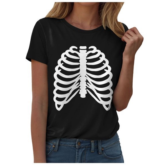 YDFCWXW Ladies Halloween Chest Skeleton Hand Print Crew Neck Short Sleeved T Shirt Top Women Active Shirts White, XL