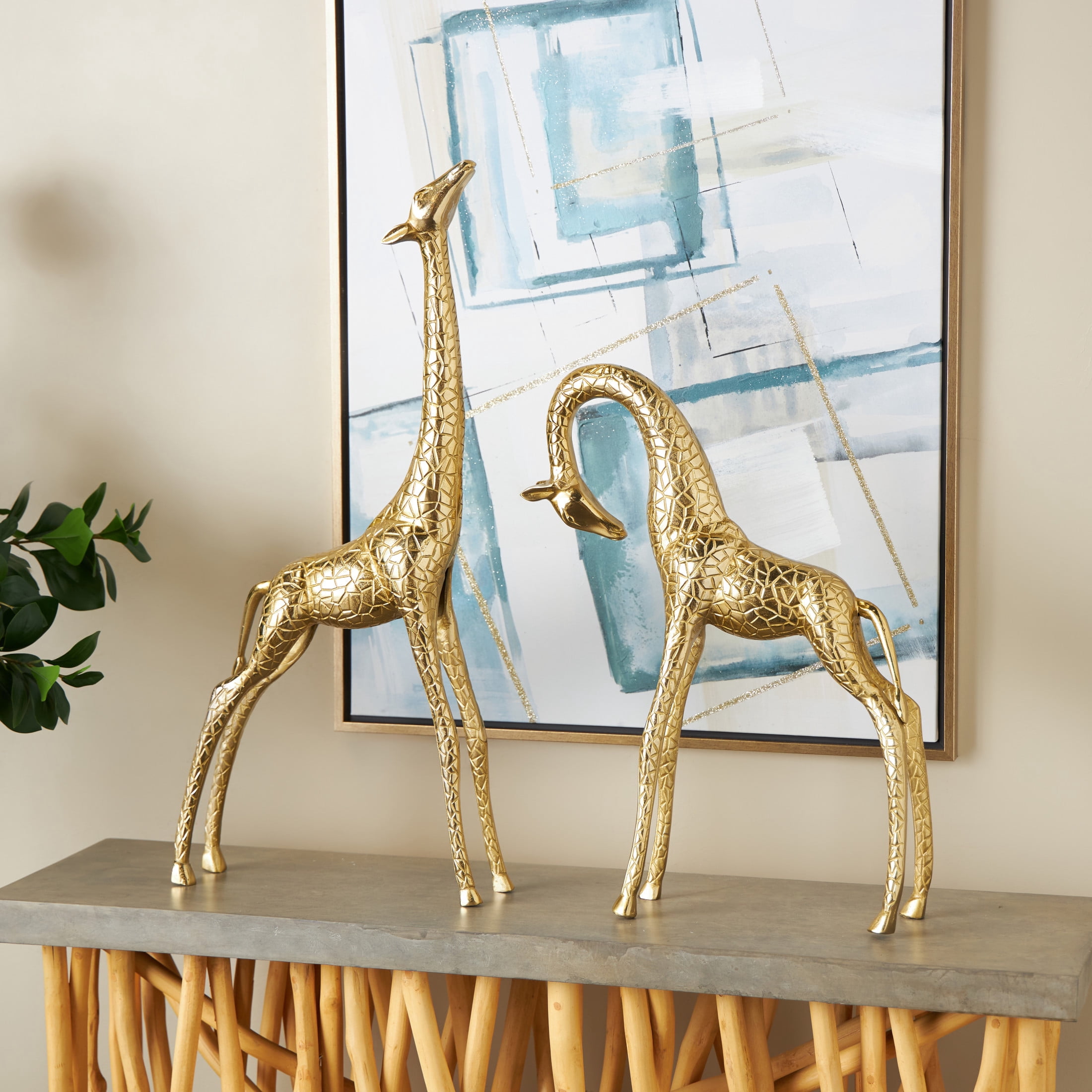 32", 23"H Gold Aluminum Metal Standing Giraffe Sculpture with Carved Spots, by DecMode (2 Count)
