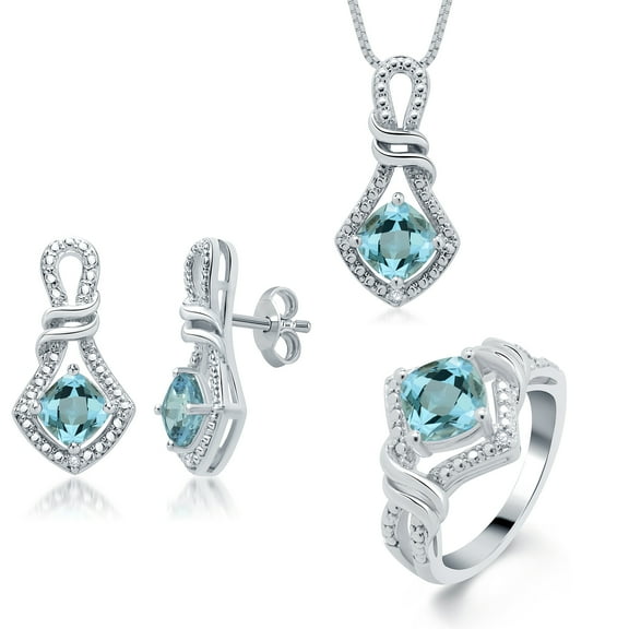 Arista Diamond Accent and Created Blue Topaz Silver tone over Brass Pendant, Earring and Ring 3-pcs Fashion Jewelry set, 18"