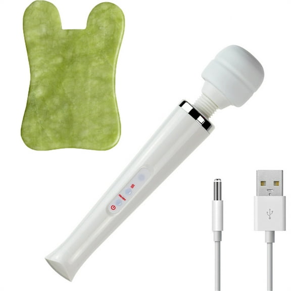 10 Powerful Speeds Wand Massager and Jade Scraping Massage Tool for Body, Neck, Face, Rechargeable Cordless Personal Big Back Massager for Body Therapeutic, Muscle Aches & Sports Recovery (White)