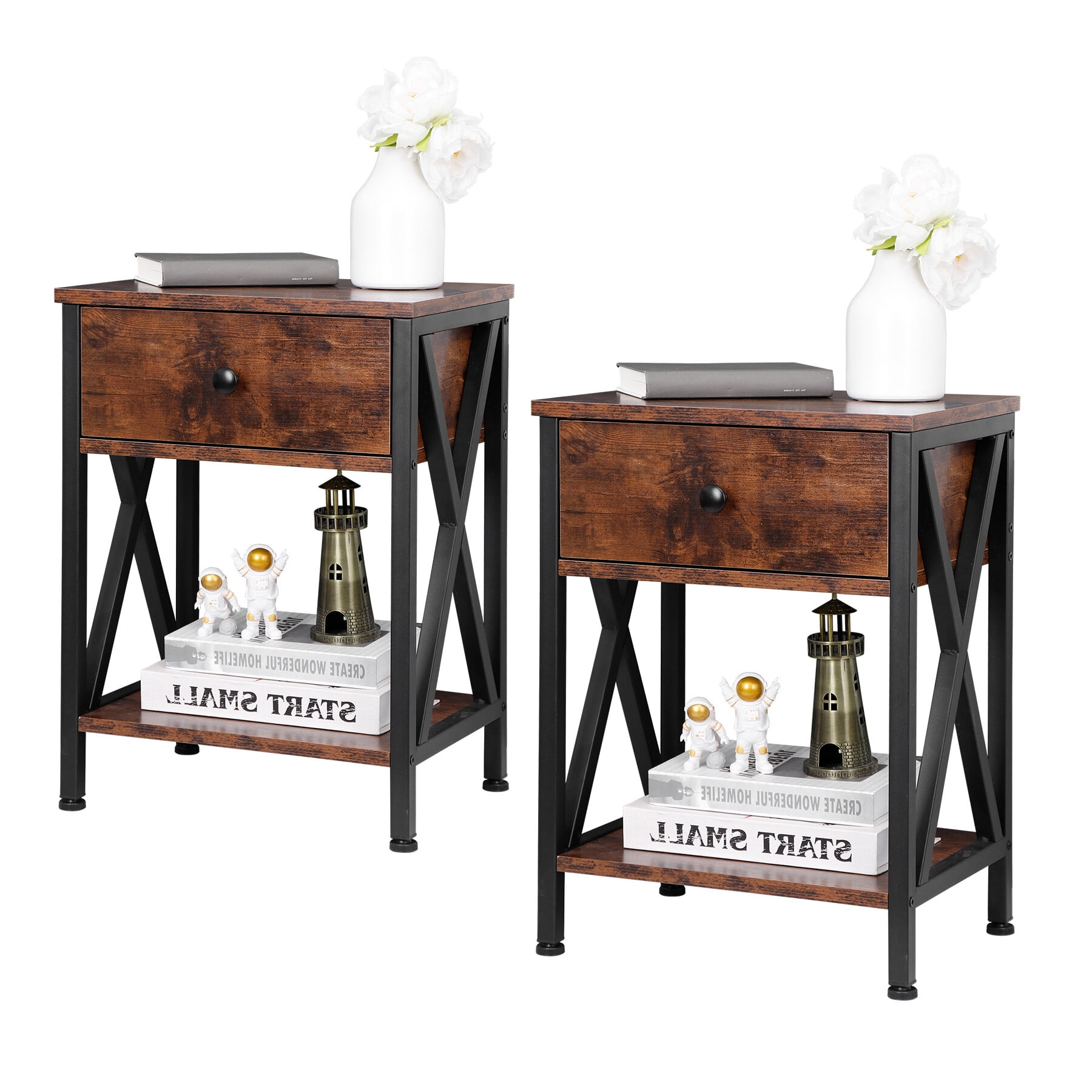 SuperDeal Set of 2 Chipboard End Tables W/Drawer Rectangle Iron Coating, Coffee Brown