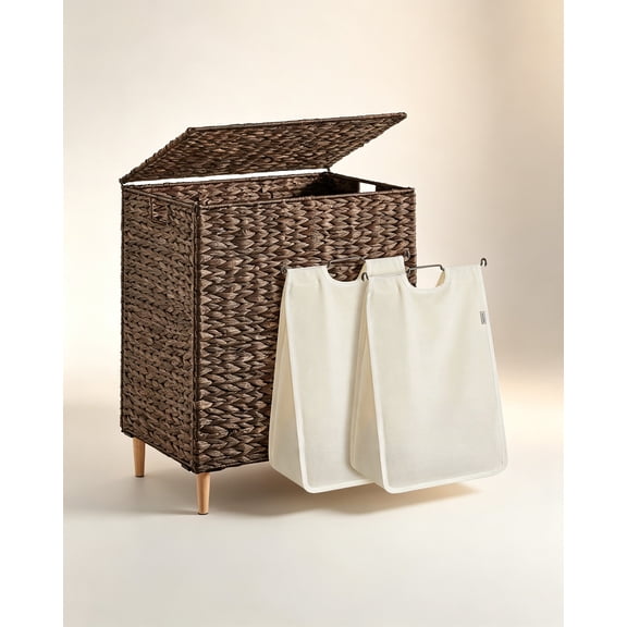 Laundry Hamper 2 Sections, 34.3 Gal. (130 L) Handwoven Water Hyacinth Wicker Laundry Basket with Lid, Natural Material, Removable Machine Washable Liners, Handles, Espresso