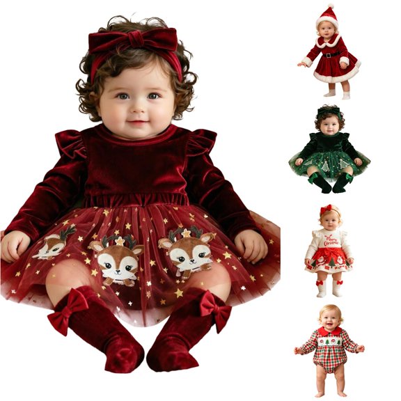 AWZXDE Holiday Bodysuits For Little Girls Velvet Santa Style Dress Outfit Complete With Matching Festive Hat For Christmas Theme Events B-Red - 12-18 Months