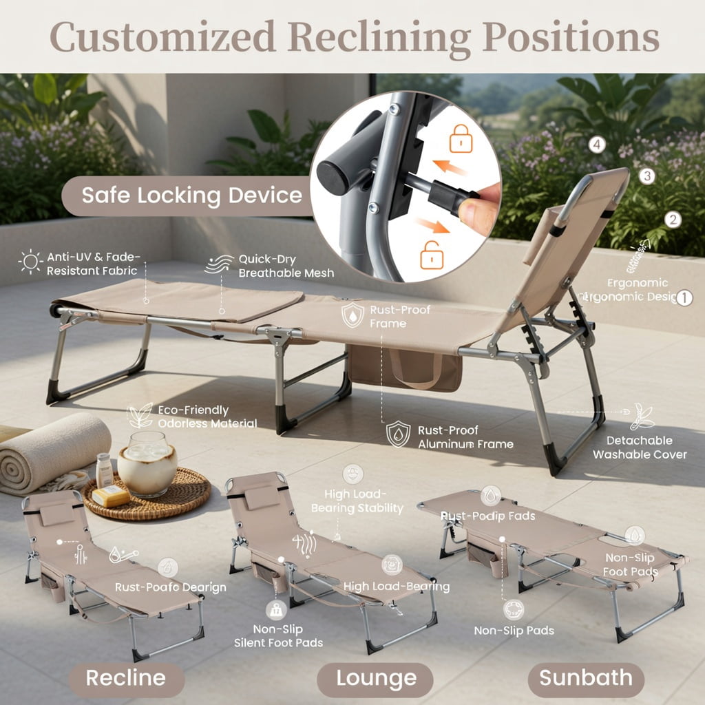 Hommoo Portable Folding Tanning Chair with Adjustable Backrest, Face Hole & Arm Openings, Lightweight Sunbathing Lounger for Beach, Pool & Backyard, Beige