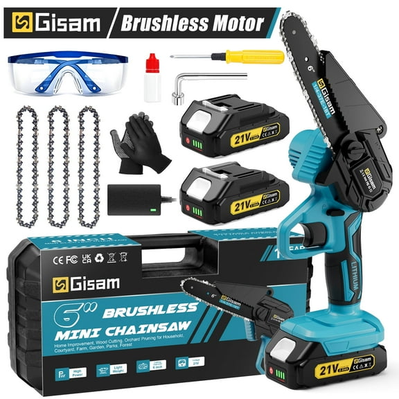Gisam 6 Inch Mini Chainsaw with 2 Batteries 2 Chains Brushless Motor Electric Chainsaw for Tree Trimming Wood Cutting