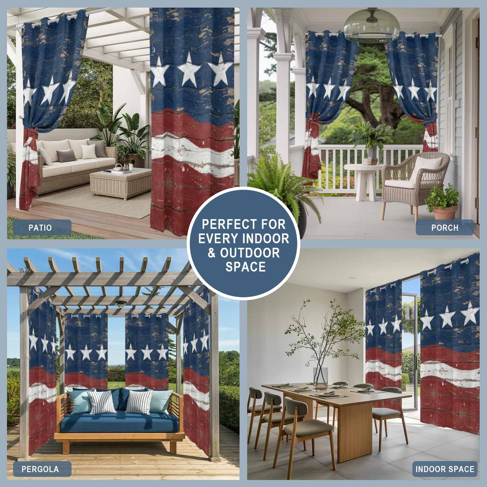 Independence Day Outdoor Curtains for Patio, Vintage American Flag Retro Blue Red Wave Wood Grain Sunshade Privacy Drapes Grommet Waterproof Outside Curtains for Porch Balcony 54"x108", 1 Panel